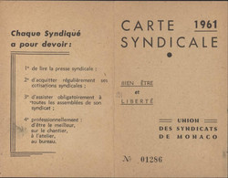 Monaco Carte Syndicale 1961 Union Des Syndicats De Monaco Bien être Et Liberté Timbres Vignettes Carte Complète - Briefe U. Dokumente