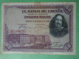 50 Pesetas El Banco De Espana Cincuenta Pesetas - B5,868,76 - Velazquez - Madrid, 15 De Agosto De 1928 - 50 Pesetas