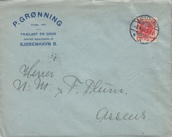 Denmark P. GRØNNING Vestre Boulevard 40, Trælast En Gros (Wood) Brotype Ia KJØBENHAVN X. 1908 Cover Brief ASSENS (Arr.) - Storia Postale