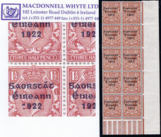 Ireland 1922-23 Thom Saorstat 3-line Ovpt On 1½d Brown Var. "Colon For 1 In 1922" In A Corner Block Of 10 Mint - Ungebraucht