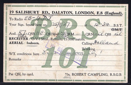 DALSTON LONDON 1927 U.K. - SHORT WAVE - AMATEUR RADIO STATION BRS101 RESEAU BELGE - Sonstige & Ohne Zuordnung