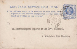 1891. EAST INDIA. Service POST CARD VICTORIA QUARTER ANNA FORM C DAILY RAINFALL REPORT Cancelled WELLESLEY... - JF427552 - Chamba