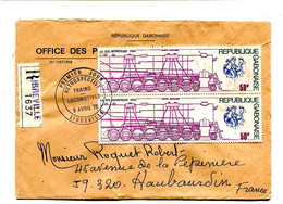 GABON 1975 - Affr.  Sur Lettre Recommandée + Cachet + étiquette Douane - Trains Locomotives - Gabon (1960-...)