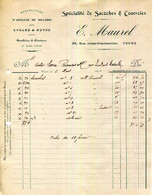 FACTURE.37.TOURS.MANUFACTURE DE SACOCHES ET COURRIES POUR CYCLES ET AUTOS.E.MOREL.85 RUE JULES CHARPENTIER. - Automobilismo