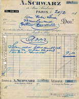 FACTURE.PARIS.A.SCHWARTZ 14 RUE SAULNIER. - Automobil