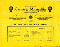 FACTURE.07.ARDECHE.VIDALON LES ANNONAY.CANSON & MONTGOLFIER.BILAN AU 30 JUIN 1940. - Druck & Papierwaren