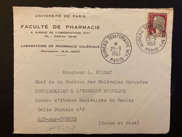 DEVANT TP M. DE DECARIS 0,25 OBL.25-9 1963 PARIS BUREAU TEMPORAIRE N°1 + FACULTE DE PHARMACIE - Covers & Documents