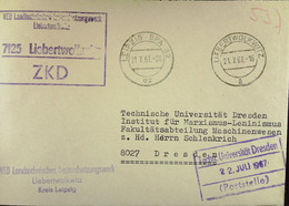 ZKD-Fern-Brief Mit ZKD-Kastenstempel "VEB Landtechnisches Instandsetzungswerk 7125 Lieberwollwitz" 21.7.67 An TU Dresden - Brieven En Documenten