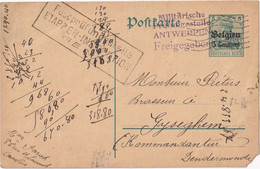 Stamped Stationery Belgium German Occupation - Sent From Anvers Antwerpen To Gyseghem - Stamps Antwerpen Freigegeben And - German Occupation