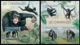 Chimpanzees, Monkeys, Wild Animals, Burundi 2012 MNH 2 SS Set - Chimpanzees