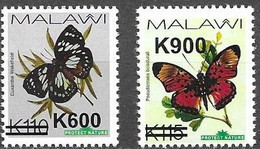 MALAWI, 2020, MNH, BUTTERFLIES, OVERPRINTS, THICK BARS , VARIETY II, 2v - Butterflies