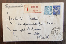 FRANCE: Type Mercure, Iris Sur Lettre (yvert 656+660) Cachet Paris Sur Lettre Recommandée 9 Février 1945 Pour Le Cres - 1921-1960: Modern Period