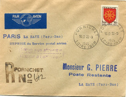 FRANCE LETTRE RECOMMANDEE PAR AVION AVEC CACHET " PARIS LA HAYE (PAYS-BAS) REPRISE DU SERVICE POSTAL AERIEN " DEPART.... - 1941-66 Wapenschilden