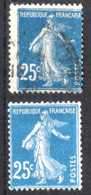 Semeuse 25c Bleu  YT 140 Variété Sur 1 Timbre - Used Stamps