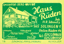 1 Altes Gasthausetikett, Haus Rüden, Inh. H.R. Schmitz, 5650 Solingen 1, Unten Rüden 14 #2645 - Zündholzschachteletiketten