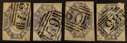 TASMANIA 1858-67 Imperforate 6d Chalon Shades, Each Four Margins And Showing Clear 52, 59, 60, And 85 Cancels. (4 Stamps - Autres & Non Classés