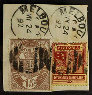 VICTORIA 1884-96 15s Purple-brown Tied To Piece Alongside 2½d Value By Melbourne 1892 Pmks, Delightful Item, SG 273 + 31 - Autres & Non Classés