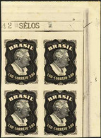 1949 3.80cr Air Roosevelt (Scott C76) - Upper Right Corner IMPERF PLATE PROOFS BLOCK Of 4 Printed In Black On Ungummed P - Other & Unclassified