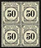 MALAYAN POSTAL UNION 1936-38 50c Black Postage Due, SG D6, Fine Never Hinged Mint Block Of Four. For More Images, Please - Straits Settlements