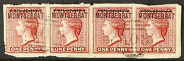 1876-83 1d Red, Watermark Reversed, SG 1x, Horizontal Strip Of Four, Used On A Piece.  For More Images, Please Visit Htt - Montserrat