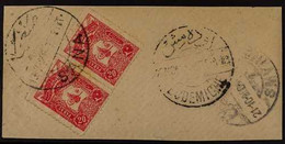 OTTOMAN POSTS 1905 20pa Rose Of Turkey, Michel 116, A Horizontal Pair Tied To A Good Sized Piece With "SANA" (MOCHZ) Cds - Yémen