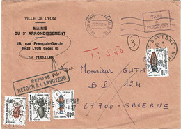 CTN76- FRANCE - LETTRE LYON / SAVERNE 27/1/1988 NON AFFRANCHIE TAXEE A L'ARRIVEE ET REFUSEE - Postage Due Covers