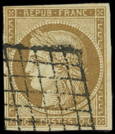EMISSION DE 1849 - 1    10c. Bistre-jaune, Obl. GRILLE, TB. C - 1849-1850 Ceres