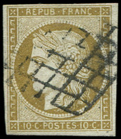 EMISSION DE 1849 - 1b   10c. Bistre VERDATRE, Oblitéré GRILLE, TB. C - 1849-1850 Ceres
