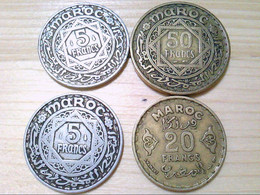 Marroko, 4 Münzen, 2 X 5 Francs, 1 X 20 Francs Und 1 X 50 Francs. - Numismática