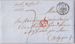 26943# LETTRE POSTE RESTANTE ROUEN 1847 SEINE MARITIME ST GHISLAIN MONS BELGIQUE 4R ROUGE RAYONS FRANCE PAR QUIEVRAIN - Marques D'entrées