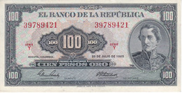 BILLETE DE COLOMBIA DE 100 PESOS DE ORO DEL AÑO 1965 EN CALIDAD EBC (XF)  (BANK NOTE) - Colombia