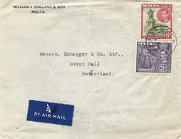 Malta 1947 Valletta Grand Master Isle Adam Vilhena Statue Cover To St Gallen Switzerland - Malte