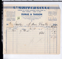 Une Facture  :  L'Universelle   Fabrique De Lettre  Aluminium  Cuivre  Ets : Dumas & Taisson 1936 - Droguerie & Parfumerie