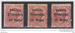 TRENTINO:  1918  SOPRASTAMPATI  -  10 H./10 C. ROSA  L. -  RIPETUTO  3  VOLTE  -  SASS. 29 - Trentino