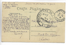 PRIVAS Ardèche Guerre 14 18 Cachet Préfecture De L'Ardèche Contrôle De La Correspondance Prisonniers De Guerre   .....G - Guerra Del 1914-18