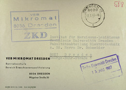 Orts-Brief Mit ZKD-Kastenstempel "VEB Mikromat 8036 DRESDEN" Vom 12.7.67 An TU Dresden Institut Für Marxismus-Leninismus - Lettres & Documents