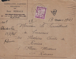 MARNE - REIMS - TAXE 2F VIOLET BANDEROLLE SUR LETTRE NON AFFRANCHIE DU 13-1-1941 - ENTETE CARRELAGES FAIENCES MOSAIQUES - 1859-1959 Cartas & Documentos