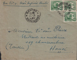 COCHINCHINE - BENTRE - LE 11-9-1943 - AFFRANCHISSEMENT A 6c POUR HANOI. - Lettres & Documents