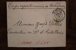 Madagascar 1895 Corps Expeditionnaire Cover Conducteur 38e Artillerie Le Mans Voir Dos Cad Paris Etranger Bleu - Covers & Documents