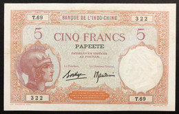 Banque De L'indo-chine Tahiti Papete 1927 5 Francs Pick#11b Spl+  LOTTO 3692 - Sonstige – Ozeanien