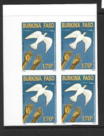 Burkina Faso 2004 White Peace Dove 170 Fr Single Imperforate / Non Dentele MNH Block Of 4 - Burkina Faso (1984-...)