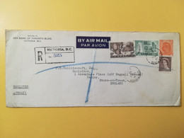 1954 BUSTA COVER INTESTATA RACCOMANDATA REGISTERED CANADA  BOLLO QUEEN ELIZABETH OBLITERE' VICTORIA TO ENGLAND - Storia Postale