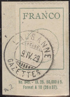 Schweiz Portofreiheit Fancozettel Zu#2 Mit Anhänger Auf Briefstück 1929-04-09 Lausanne - Franchise