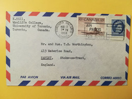 1958 BUSTA COVER AIR MAIL PAR AVION CANADA  BOLLO QUEEN ELIZABETH KAJAK OBLITERE' TORONTO SLOGAN TO ENGLAND - Cartas & Documentos