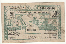 NEW CALEDONIA   50 Cents  P54  Dated 29 Mars 1943  ( Ship On Front + Stag Head At Back ) - Otros – Oceanía