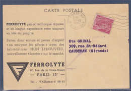 Mercure Seul Sur Carte Postale Entreprise Pour Information Clientèle N°416 Paris 10.VI.1939 - 1938-42 Mercurius