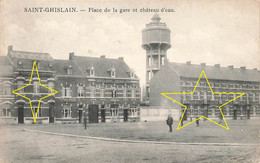 SAINT GHISLAIN - Place De La Gare Et Château D'Eau - Carte Circulé En1919 Avec Coopérative Du Chemin De Fer, Café, Coif - Saint-Ghislain