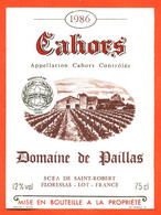 étiquette De Vin Cahors Domaine De Paillas 1986 Saint Robert à Floresssas - 75 Cl - Cahors