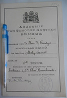 ACADEMIE Van SCHOONE KUNSTEN  BRUGGE 1940 1941 TEEKENEN 2de KLAS BOUWKUNDE Fr. Roentges 1ste Prijs Maly - Diploma & School Reports