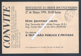 Bilhete Postal Avença Ordem Dos Engenheiros. Convite Jantar Restaurante Ordem Conferência 'Televisão Pública E Privada - Lettres & Documents